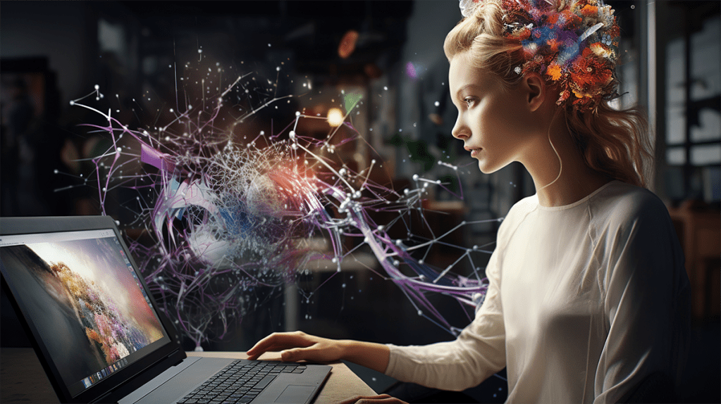 Mujer consultado información aplicando las emociones.